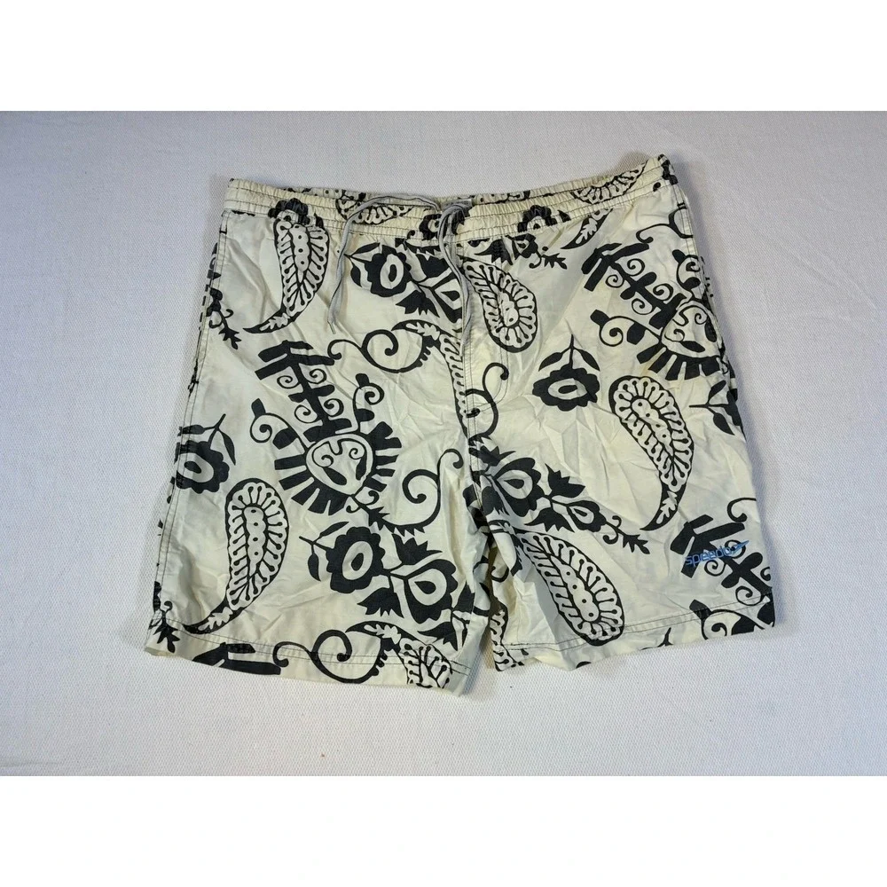 Speedo Men's Medium Swim Trunks Board Shorts Cream Black Paisley Floral Mesh‎